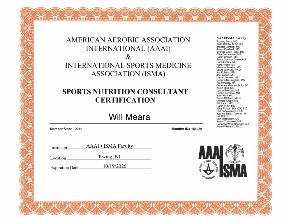 Decorative certificate awarding Will Meara the Sports Nutrition Consultant Certification from AAAI/ISMA, with an ornate orange border and logos.