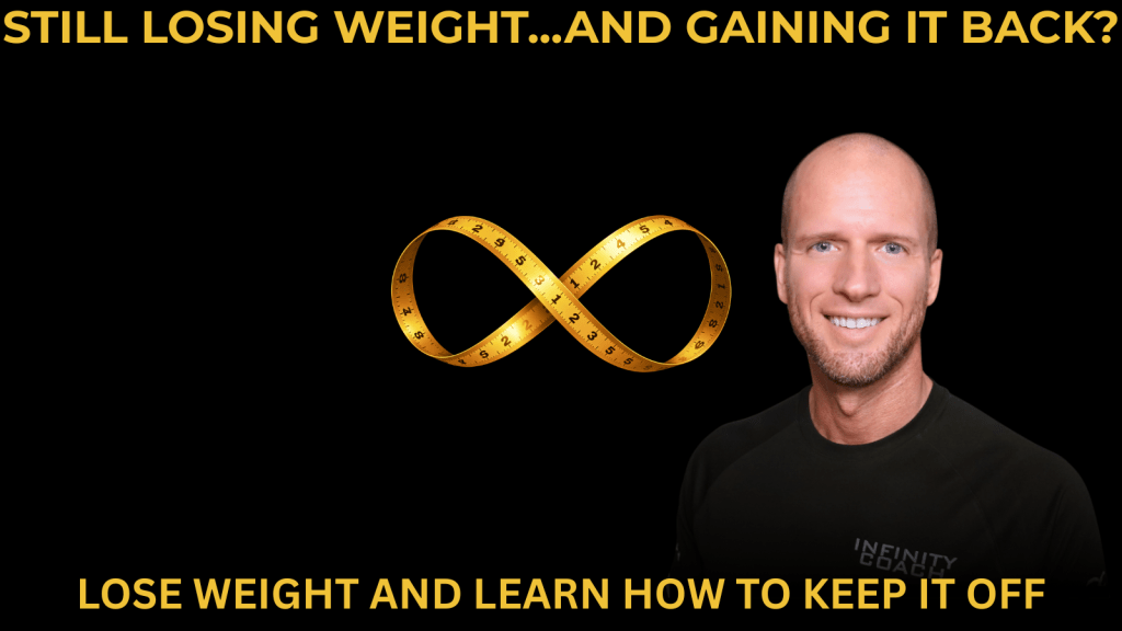 Promotional banner: gold infinity-shaped measuring tape and a smiling man on a black background, with bold yellow headlines about losing weight and keeping it off.